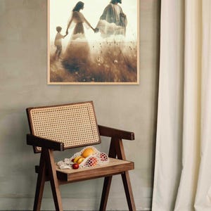 May include: A framed print depicts a family walking through a field, with a man and woman holding hands and a child following. A wooden chair with a woven seat holds a net bag of fruit. The scene is set against a neutral wall with a white curtain.