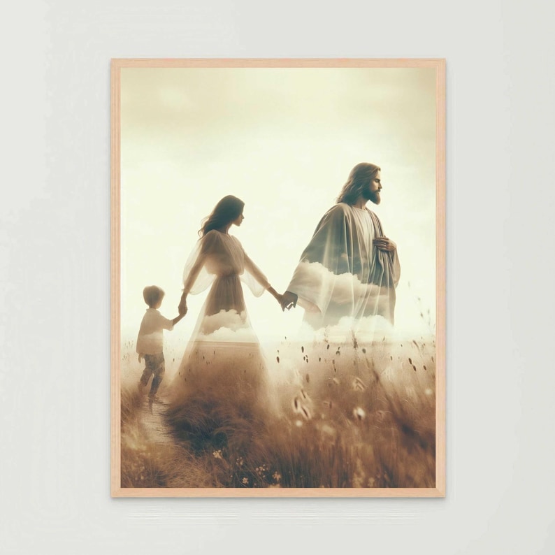 May include: A framed print depicts a family walking through a field. A woman and a man, holding hands, are followed by a child. The image has a sepia tone, with the figures appearing semi-transparent against a cloudy sky.