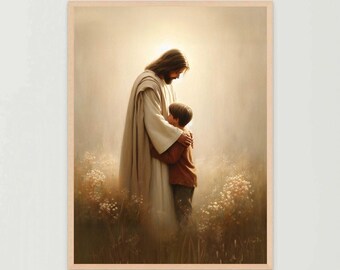 Su protección, arte cristiano, Jesús con niño, imagen de Jesús, arte infantil cristiano, Jesús con niños, arte mural de Jesús, láminas cristianas