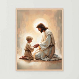 Pray to Christ, Christian Art, Jesus Praying with Boy, Jesus Wall Art, Bible Printable, Jesus with Children, Christian Painting, Jesus Art