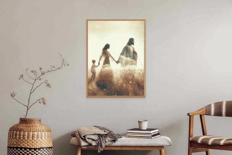 May include: Framed art print depicting a serene scene of three figures walking through a field. The figures are holding hands, with a soft, ethereal glow surrounding them. The artwork is in a wooden frame.
