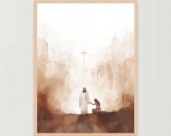 Mulher curada, Arte cristã, Jesus cura uma mulher, Imagem de Jesus, Arte SUD, Impressões da Bíblia, Jesus com menina, Pintura de Jesus, Pôster cristão