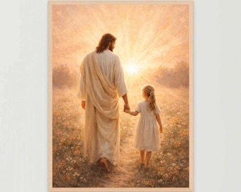 Vandra med honom, kristen väggkonst, Jesus går med flicka, Jesusmålning, bibelkonst, Jesus med barn, kristen konst, kristen målning