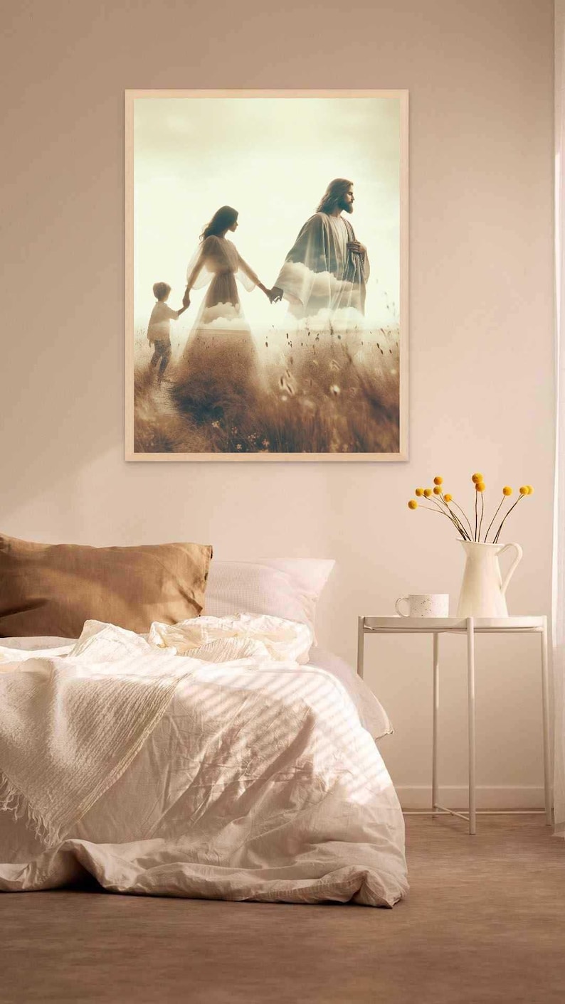 May include: A framed print depicts a family walking through a field. The figures are silhouetted against a cloudy sky, with a man, woman, and child holding hands. The artwork is displayed above a bed with white bedding and a brown pillow.