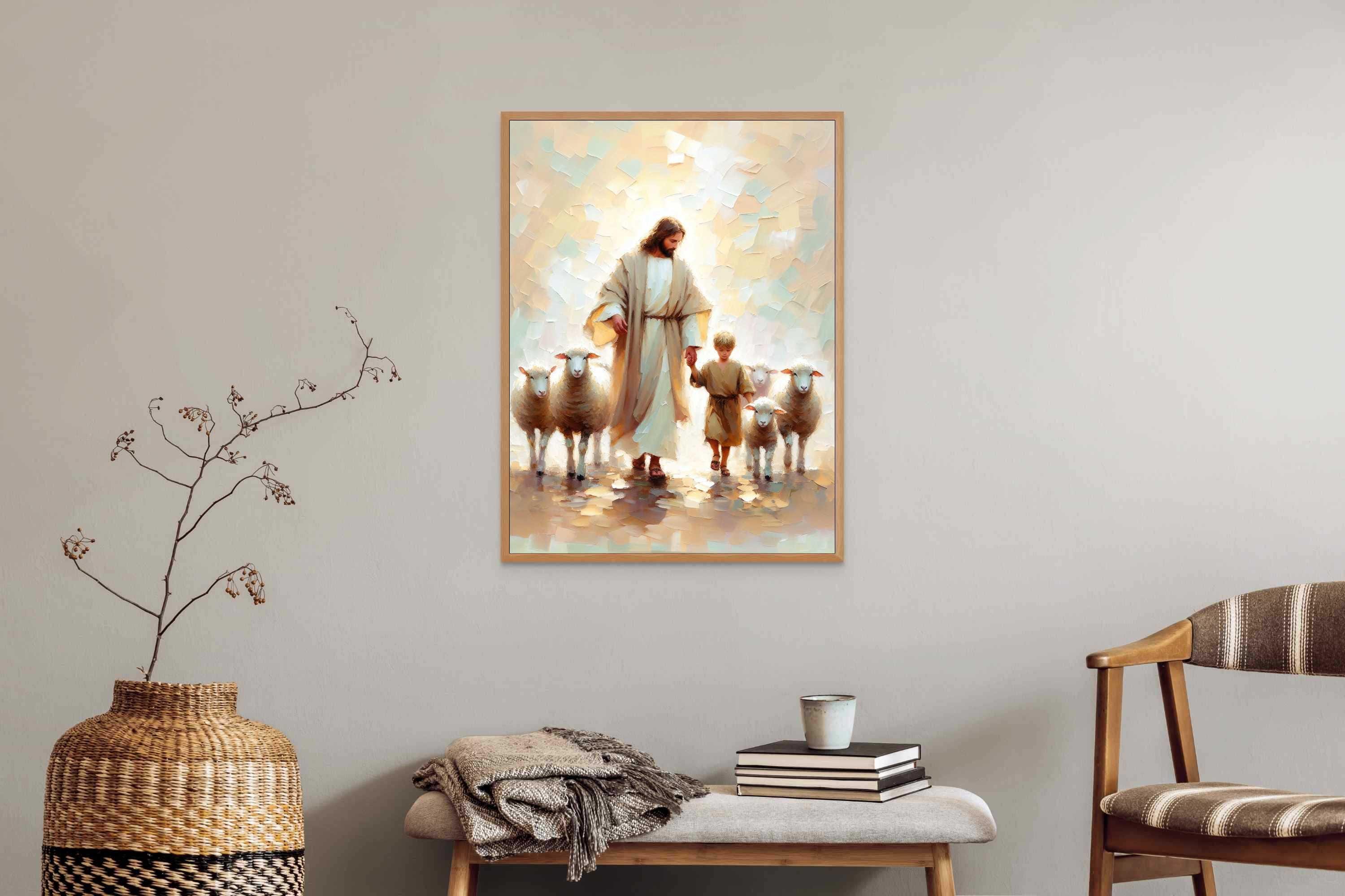 羊飼いの愛、キリスト教絵画、羊飼いのイエス、イエスの絵画アート