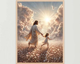 Glada dagar med honom, Modern kristen konst, Jesus går med flicka, Jesuskonst, Jesus med barn, Kristen barnrumskonst, Jesus med flicka