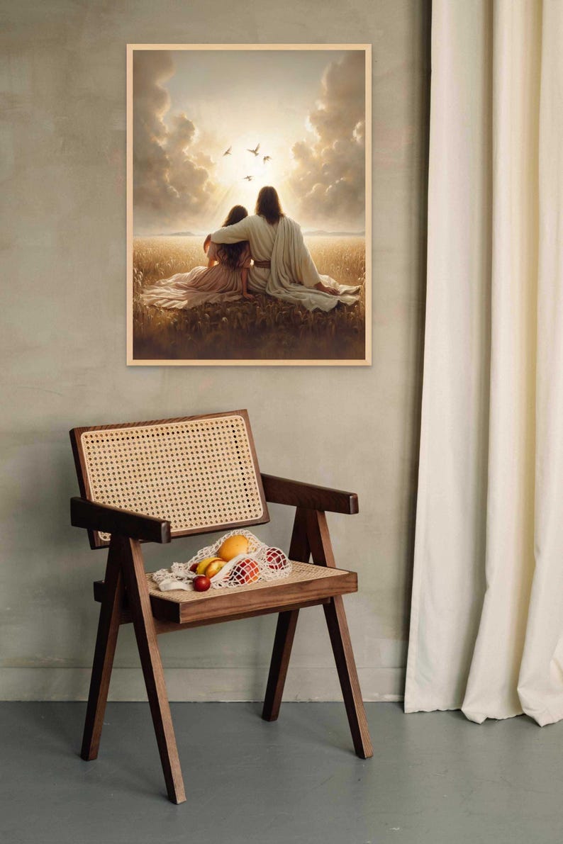 May include: A framed print depicts two figures embracing in a field, bathed in sunlight, with birds in the sky. A wooden chair with a woven seat holds a net bag of fruit. A white curtain hangs on the right.