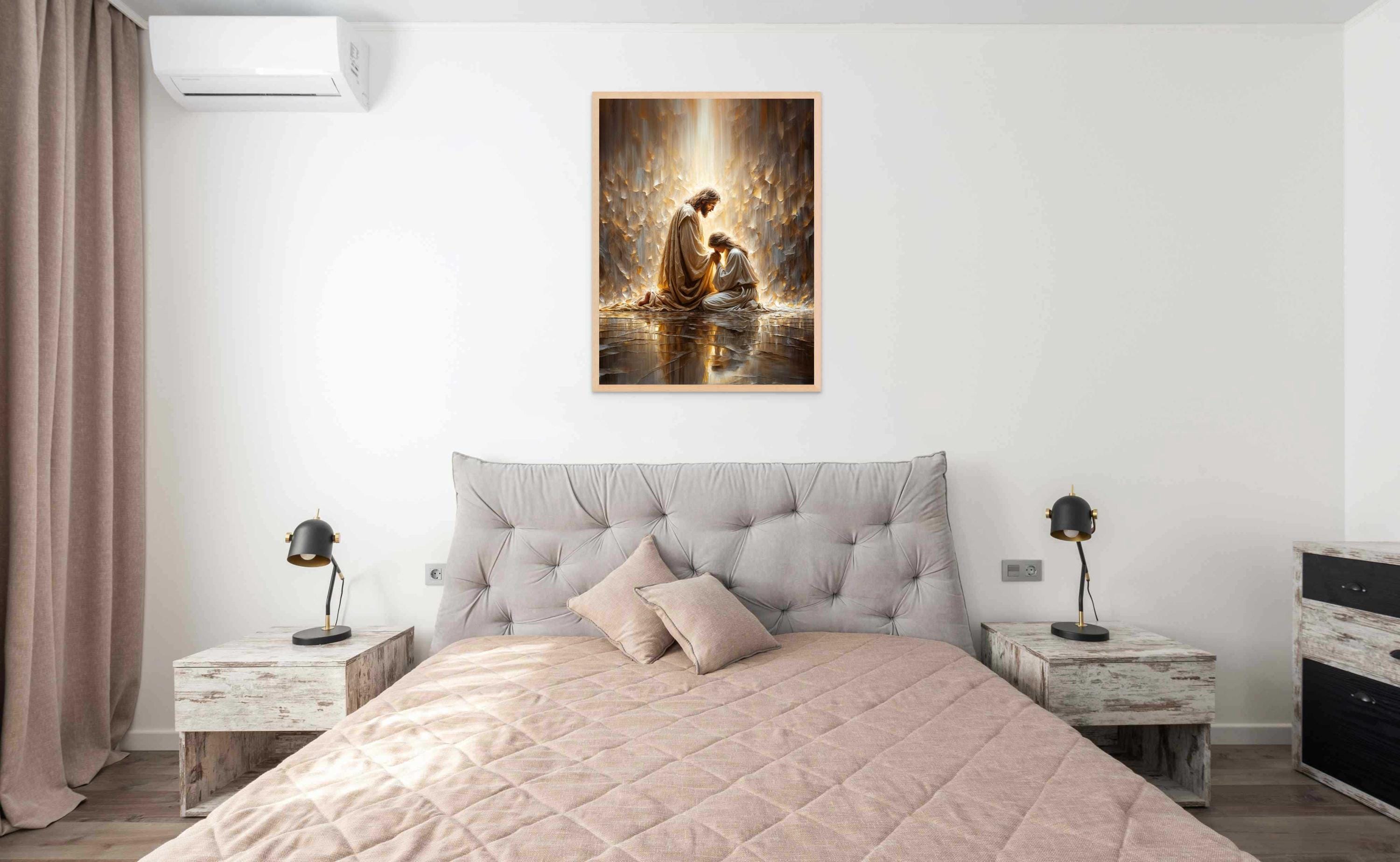 キリスト教の装飾 イエスの神聖な心壁アート、キリスト教の宗教キャンバス絵画、教会、寝室、リビングルーム用 30.5x40.64cm キリストの夢、 キリスト教の室内装飾、女性と祈るイエス、イエスのアート、カトリックのアート、聖書の絵画、イエスのアートプリント、イエスの ..., image size:3000x1847