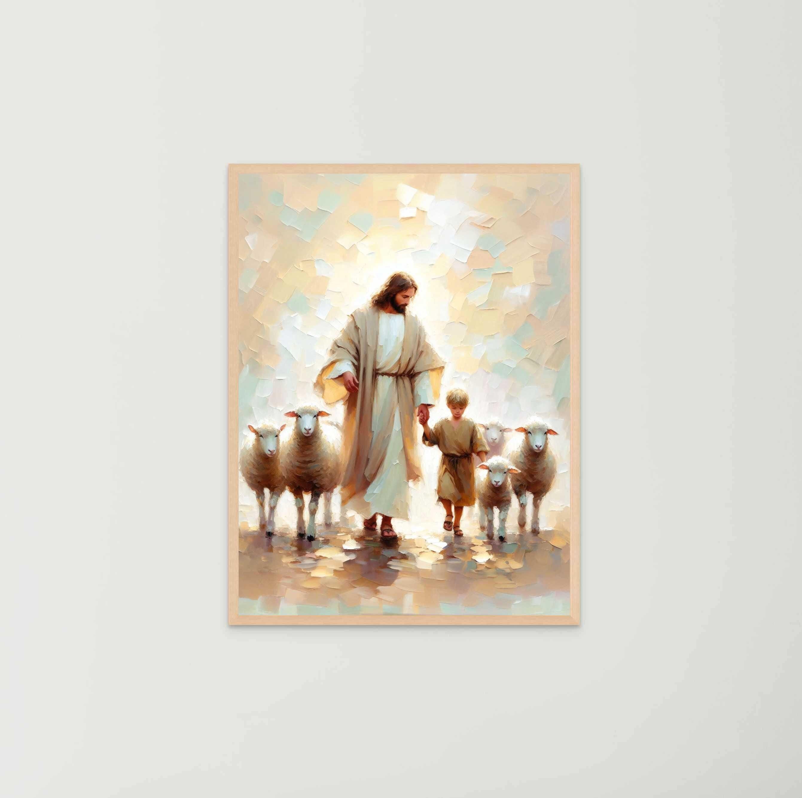 羊飼いの愛、キリスト教絵画、羊飼いのイエス、イエスの絵画アート