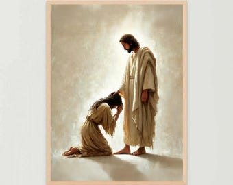 Dolor curado, Arte mural cristiano, Jesús con niña, Imagen de Jesús, Arte mural SUD, Impresiones bíblicas, Cristo con niños, Imagen de Jesús