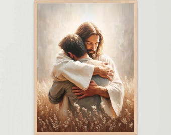 Feel His Love, Modern Christian Art, Jesus and Man Art, Jesus Watercolor, LDS Art, Bible Art, Jesus JPG, Jesus Painting, Christian Printable