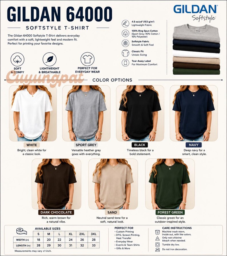 May include: A Gildan 64000 Softstyle t-shirt product information chart displaying seven color options including white, sport grey, black, navy, dark chocolate, sand, and forest green. The chart includes fabric specifications, size charts in inches, and care instructions.