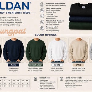 May include: Gildan 18000 Heavy Blend sweatshirt in black, navy, forest green, white, sand, and sport grey. Features include 50% cotton and 50% polyester fabric, ribbed cuffs and waistband, and a tear-away label. Includes a size chart in inches.
