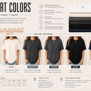 May include: A Comfort Colors garment-dyed t-shirt color chart featuring six options: white, ivory, graphite, pepper, black, and navy. The image displays a stack of folded shirts, six individuals wearing each color, a size chart in inches, and care instructions.