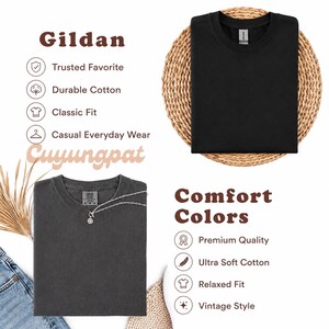 May include: A black Gildan t-shirt with a classic fit and a dark gray Comfort Colors t-shirt with a relaxed fit. The image includes text labels for Gildan and Comfort Colors, listing features like durable cotton, premium quality, and soft cotton.