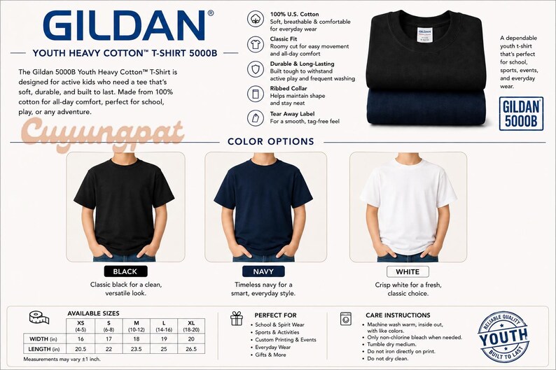 May include: Gildan 5000B Youth Heavy Cotton T-shirt in black, navy, and white. Features include a ribbed collar, tear-away label, and classic fit. Includes a size chart with widths from 16 to 20 inches and lengths from 20.5 to 26.5 inches for sizes XS to XL.