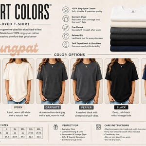 May include: A Comfort Colors garment-dyed t-shirt color chart featuring six options: white, ivory, graphite, pepper, black, and navy. The image displays a stack of folded shirts, six individuals wearing each color, a size chart in inches, and care instructions.