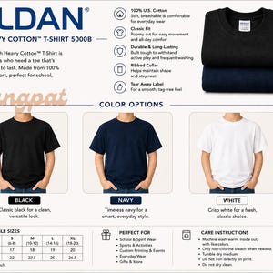 May include: Gildan 5000B Youth Heavy Cotton T-shirt in black, navy, and white. Features include a ribbed collar, tear-away label, and classic fit. Includes a size chart with widths from 16 to 20 inches and lengths from 20.5 to 26.5 inches for sizes XS to XL.