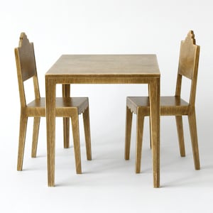 1:4 Scale Wooden Table & 2 Chairs for 16″ Dolls | Miniature Dining Set for Sybarite, Tonner, Kingdom Doll, Numina | Oak Finish