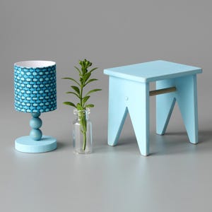 1:6 Scale Miniature Accessory Set #19 – Handmade Stool, Lamp and Potted Plant for Barbie and Blythe size dolls Diorama