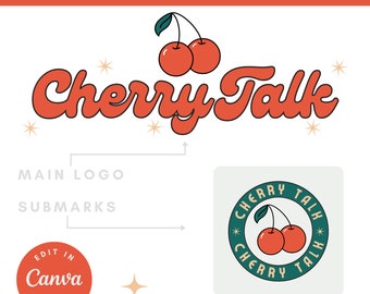 Diseño de logotipo editable / Marca Retro Red Green Cherry Talk / Plantilla Canva personalizable / Gráficos de marca para pequeñas empresas en redes sociales
