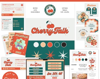 Paquete completo de plantillas de marca editables / Marca Retro Red Green Cherry Talk / Plantilla Canva personalizable / Kit de marca para pequeñas empresas