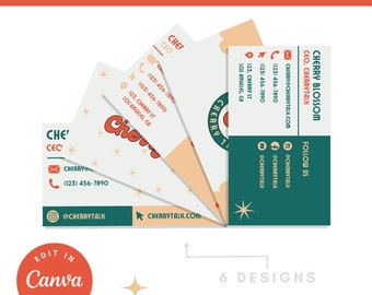 Paquete de plantillas de tarjetas de visita editables / Marca Retro Red Green Cherry Talk / Plantilla Canva personalizable / Kit de marca para pequeñas empresas
