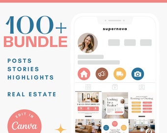 Paquete de plantillas de Instagram editables para bienes raíces / Plantillas Canva / Brillantes y coloridas / Participación en redes sociales / Gráficos para agentes inmobiliarios