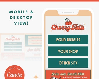 Enlace editable en la plantilla de página de biografía / Marca Retro Red Green Cherry Talk / Plantilla Canva personalizable / Marketing de kit de marca para pequeñas empresas