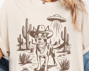 Boston Terrier Western UFO Shirt, Funny Alien Cowboy, Retro Vintage Dog Lover Gift, 90s Cowgirl Wild West Tshirt, Dog Mom Dog Owner Gift Tee