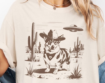 Camiseta OVNI occidental de Corgi, divertida camiseta de vaquero alienígena, regalo retro vintage para amantes de los perros, camiseta del salvaje oeste de las vaqueras de los años 90, regalo para mamá y dueño de perro