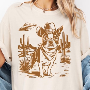 Boston Terrier Western UFO Shirt, Funny Alien Cowboy, Retro Vintage Dog Lover Gift, 90s Cowgirl Wild West Tshirt, Dog Mom Dog Owner Gift Tee