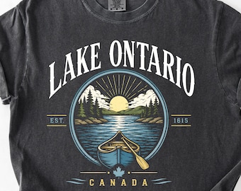 T-shirt met afbeelding van het Ontariomeer (Grote Meren), vintage Comfort Colors Ontario T-shirt, retro shirt met zonsondergang boven het meer, cadeau voor een reis naar Canada, cadeau voor een merenliefhebber, T-shirt met afbeelding van een meer