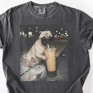 Pug Drinking Iced Coffee Shirt, Funny Dog Meme Tee, Animal Shirt, Coffee Lover Pug Meme Shirt, Comfort Colors Tshirt, Unisex Tee