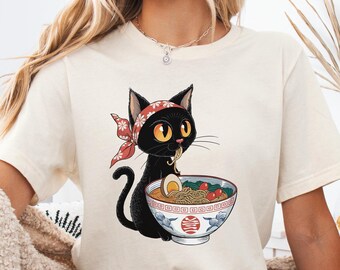 Noodle Cat Shirt, Ramen Cat T-Shirt, Funny Black Cat Noodle Tee, Cat Lover Shirt for Kids, Kawaii Cat Eating Ramen, Japanese Noodles Tee