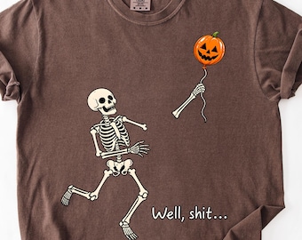 Grappig T-shirt met skelet en verloren ballon, T-shirt met comfortabele kleuren, Halloween skelet T-shirt, T-shirt met zwarte humor
