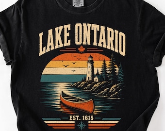 Vintage shirt met afbeelding van Lake Ontario, T-shirt met zonsondergang boven de Grote Meren, Comfort Colors Canada shirt, retro reiscadeau voor Ontario, T-shirt voor merenliefhebbers, vintage shirt met afbeelding van een meer