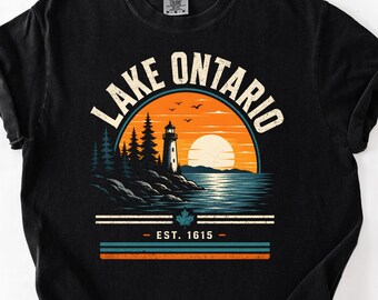 T-shirt met afbeelding van het Ontariomeer (Grote Meren), vintage Comfort Colors Ontario T-shirt, retro shirt met zonsondergang boven het meer, cadeau voor een reis naar Canada, cadeau voor een merenliefhebber, T-shirt met afbeelding van een meer
