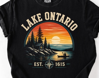 T-shirt met afbeelding van Lake Ontario, vintage T-shirt van de Grote Meren, Comfort Colors Ontario-shirt, retro T-shirt met zonsondergang aan het meer, cadeau voor een reis naar Canada, T-shirt voor merenliefhebbers