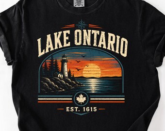 Shirt met uitzicht op het Ontariomeer, vintage T-shirt met uitzicht op het Ontariomeer, Comfort Colors Canada shirt, retro T-shirt met zonsondergang boven het meer, reiscadeau voor Ontario