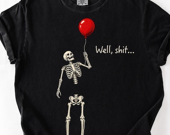 Grappig T-shirt met skelet en verloren ballon, T-shirt met comfortabele kleuren, Halloween skelet T-shirt, T-shirt met zwarte humor