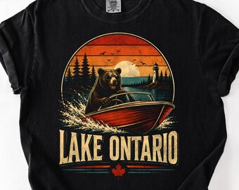 Comfort Colors T-shirt met afbeelding van het Ontariomeer (Grote Meren), vintage Ontario T-shirt, retro T-shirt met zonsondergang, beer en kano, ideaal cadeau voor buitenactiviteiten zoals wandelen, kamperen en reizen.