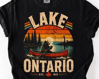 T-shirt met afbeelding van het Ontariomeer (Grote Meren), vintage Comfort Colors Ontario-shirt, retro T-shirt met zonsondergang, beer en kano, ideaal cadeau voor buitenactiviteiten zoals wandelen, kamperen en reizen.