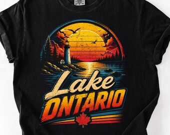 T-shirt met afbeelding van Lake Ontario, vintage T-shirt van de Grote Meren, Comfort Colors Ontario-shirt, retro T-shirt met zonsondergang aan het meer, cadeau voor een reis naar Canada, T-shirt voor merenliefhebbers