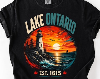 T-shirt met afbeelding van het Ontariomeer (Grote Meren), vintage Comfort Colors Ontario T-shirt, retro shirt met zonsondergang boven het meer, cadeau voor een reis naar Canada, cadeau voor een merenliefhebber, T-shirt met afbeelding van een meer