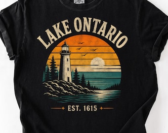 Comfort Colors T-shirt met afbeelding van het Ontariomeer, vintage T-shirt met de Grote Meren, retro T-shirt met zonsondergang aan het meer, reiscadeau voor Canada, T-shirt met afbeelding van het Ontariomeer, T-shirt voor merenliefhebbers