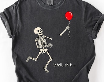 T-shirt met skelet en verloren ballon, T-shirt met comfortabele kleuren en een vleugje duistere humor, grappig skelet-T-shirt, Halloween-T-shirt met zwarte humor