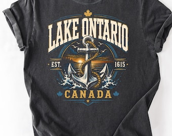 Vintage shirt met afbeelding van Lake Ontario, T-shirt met zonsondergang boven de Grote Meren, Comfort Colors Canada shirt, retro reiscadeau voor Ontario, T-shirt voor merenliefhebbers, vintage shirt met afbeelding van een meer