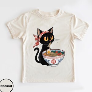 Noodle Cat Shirt, Ramen Cat T-Shirt, Cat Lover Shirt for Kids, Funny Black Cat Noodle Tee, Kawaii Cat Eating Ramen, Japanese Noodles Tee