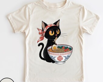 Noodle Cat Shirt, Ramen Cat T-Shirt, Cat Lover Shirt for Kids, Funny Black Cat Noodle Tee, Kawaii Cat Eating Ramen, Japanese Noodles Tee